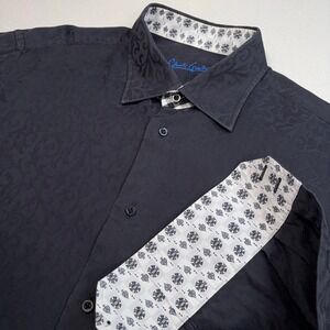 Robert‎ Graham Jacquard Shirt Men's L Black Geometric Cotton Flip Cuff Button Up